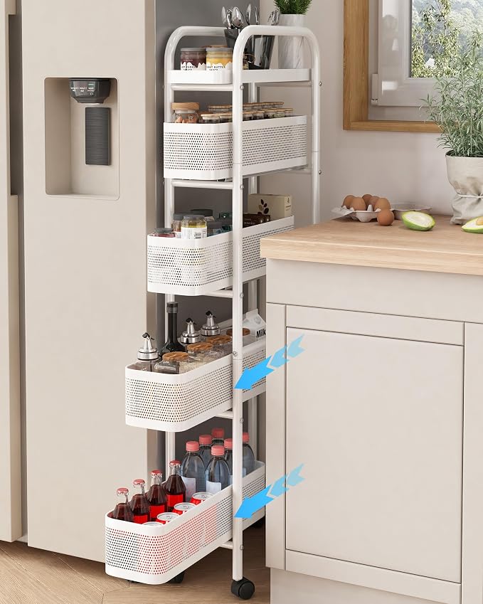 UMDONX 5-Tier Narrow Mobile Storage Cart with Pull-Out Baskets | The Multifunctional Pull-out Storage Rack Is Suitable for Bathrooms, Kitchens, and Laundry Rooms