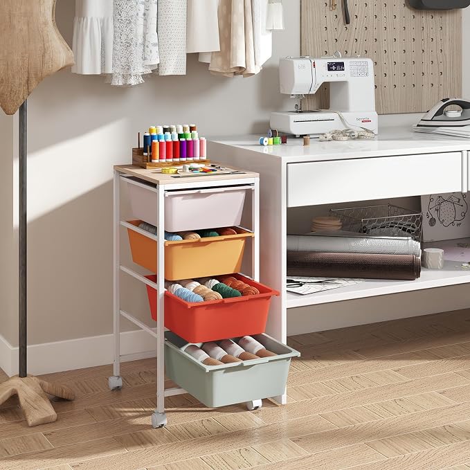 Giantex Rolling Storage Cart with 4 Drawers, Utility Cart w/Wooden Tabletop, Lockable Wheels, Multipurpose Organizer for Art Craft Scrapbook Paper, Drawer Carts for Dorm Classroom Office, Macaron