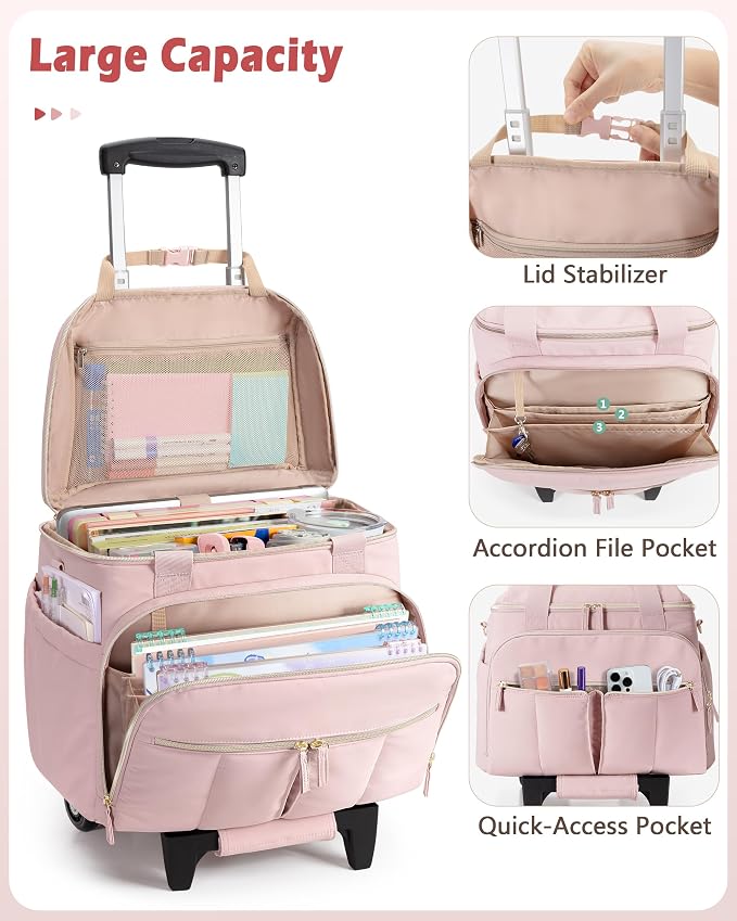 Marscamd Rolling Teacher Bag with Accordion File Organizer for Work | 15.6" Laptop Compartment, Detachable Trolley & Crossbody Strap, Womens Briefcase Tote with Wheels (Pink))