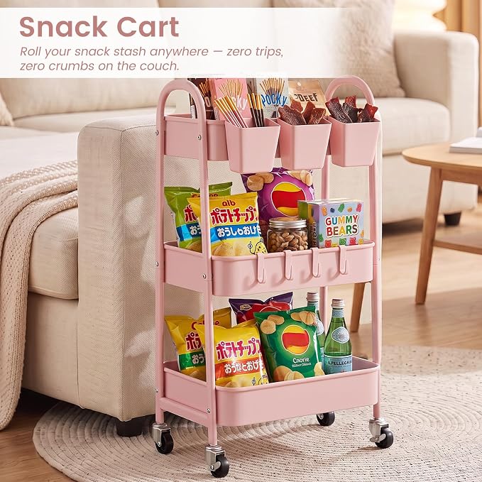 3-Tier Rolling Cart, Utility Cart Mobile Metal Rolling Storage Cart with Lockable Wheels & Hanging Cups & Hooks for Kitchen, Bathroom, Office, Workshop, Pink
