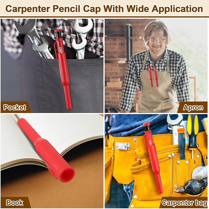 Hiboom 2 Pack Carpenter Pencils with Pencil Cap and 18 Refills, Red | Mechanical Pencil, Deep Hole Marking, Built-In Sharpener, Long Nose Tip, Pocket Clip, Marks Many Surfaces, Woodworking Use