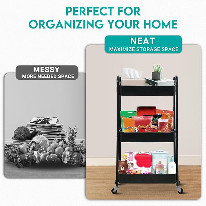 ZOES HOMEWARE 3 Tier Metal Rolling Cart on Wheels,Heavy Duty Utility Cart | Sturdy 3 Tiered Rolling Storage Cart With Hooks, Great For Craft, Art Workspace, Kitchen ,Snack And Office Storage, Black