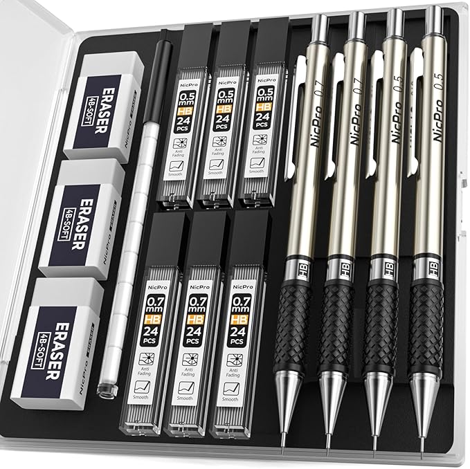 Nicpro Art Mechanical Pencil Set in Case, 4 PCS Metal Drafting Pencil | Metal Drafting Pencil Lead Pencil+6 Tube Lead Refills, Eraser, Comfort Grip For for School Writing, Artist Drawing Sketching