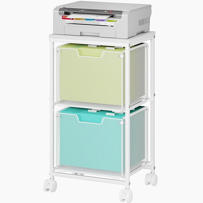 Rolling File Cart with 2 Storage Drawers,Under Desk Storage Cart | Hanging File Folder Organizer with Wheels, Filing Cabinet Mobile Printer Stand Utility Craft Cart for Home Office,White