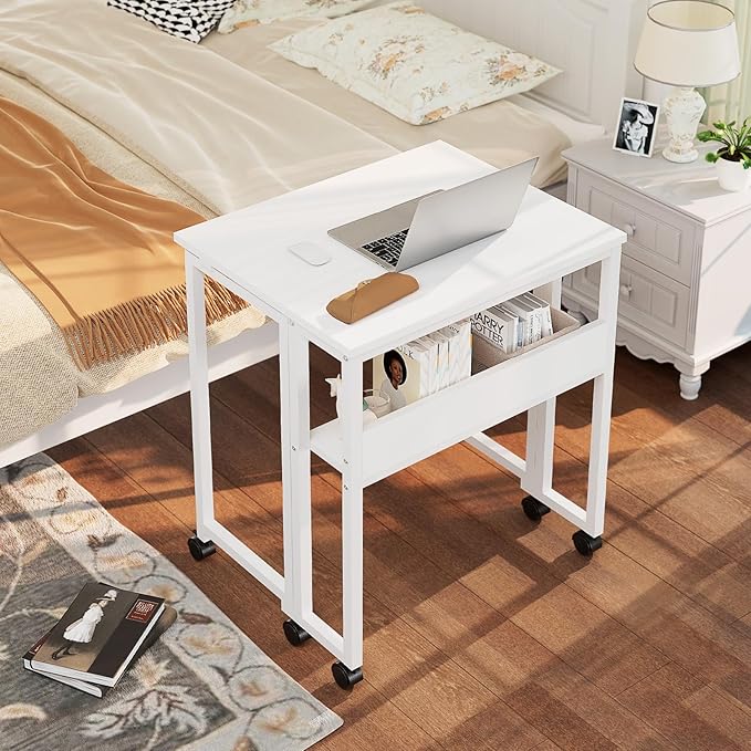 GreenForest Folding Desk with Wheels, 24.8" Rolling Table for Small Spaces | Storage Shelf, Lockable Casters, Compact Portable Workstation, Space-Saving Foldable Sofa Table, Home Office, Mobile, White