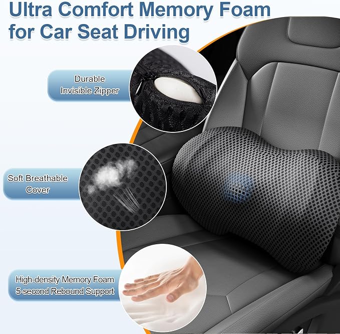 BYMECOST Lumbar Support Pillow for Car, Ergonomic Back Cushion | Memory Foam Lower Back Support Cushion with Strap for Driving, Lumbar Pillow for Pain Relief, for Office Chair, Long Sitting