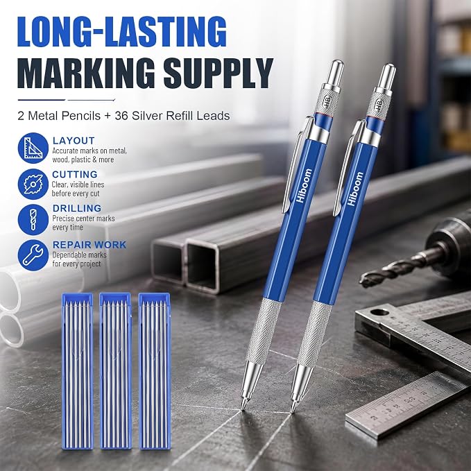 Hiboom 6 Pcs Welders Pencil with 72 Silver Round Refills 2 mm Mechanical Pencils Refill, Metal Marker Set for Pipe Fitter Welder Steel Construction Fabrication Wood Working Metal Layout Fabrication