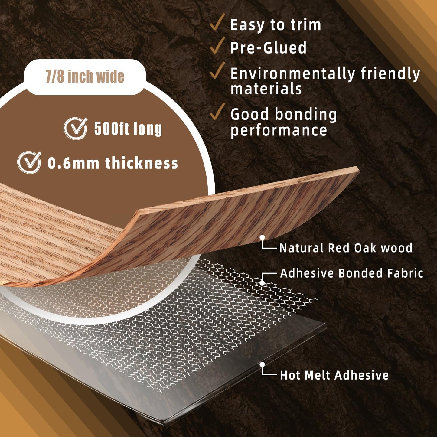 GSCIT Club Red Oak Edge Banding, 7/8 inch x 500ft roll of Veneer Edge Banding Pre-glued Flexible, Wood Tape Banding for Cabinet Repair Furniture