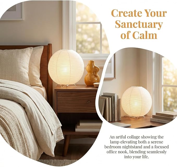 Totority Modern Paper Table Lamp, Japanese Lantern Style Bedside Night Light for Bedroom & Living Room, Minimalist Rice Paper Desk Lamp with Warm White E14 Bulb, Decorative Zen Home Lighting,US Plug