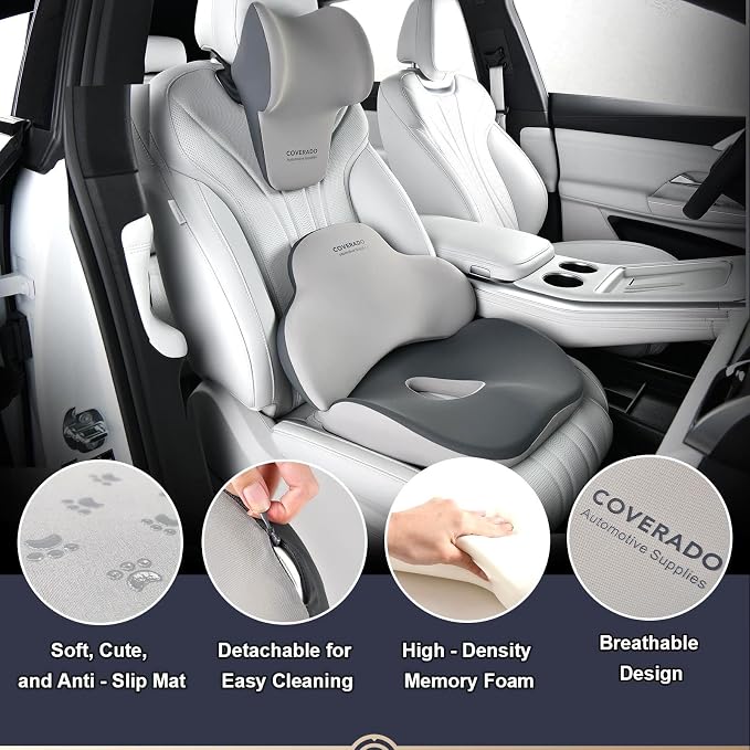 Coverado Seat Cushion and Lumbar Support Pillow for Car Office Chair, Ergonomic Memory Foam Desk Chair Cushion Back Support Pillow, Sciatica & Back & Tailbone Pain Relief Cushion