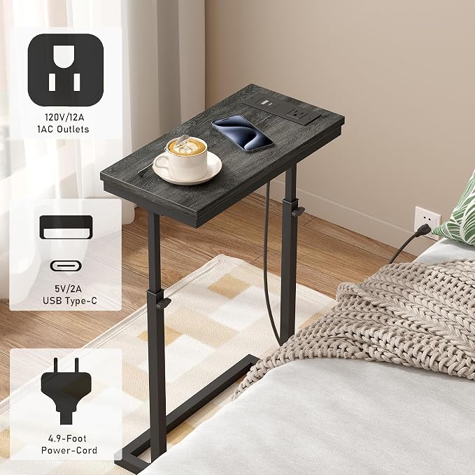 TUTOTAK End Table with Charging Station, Side Table, Tall Couch Table | Sofa Table, for living Room, Bedroom, Grey TB01BY084