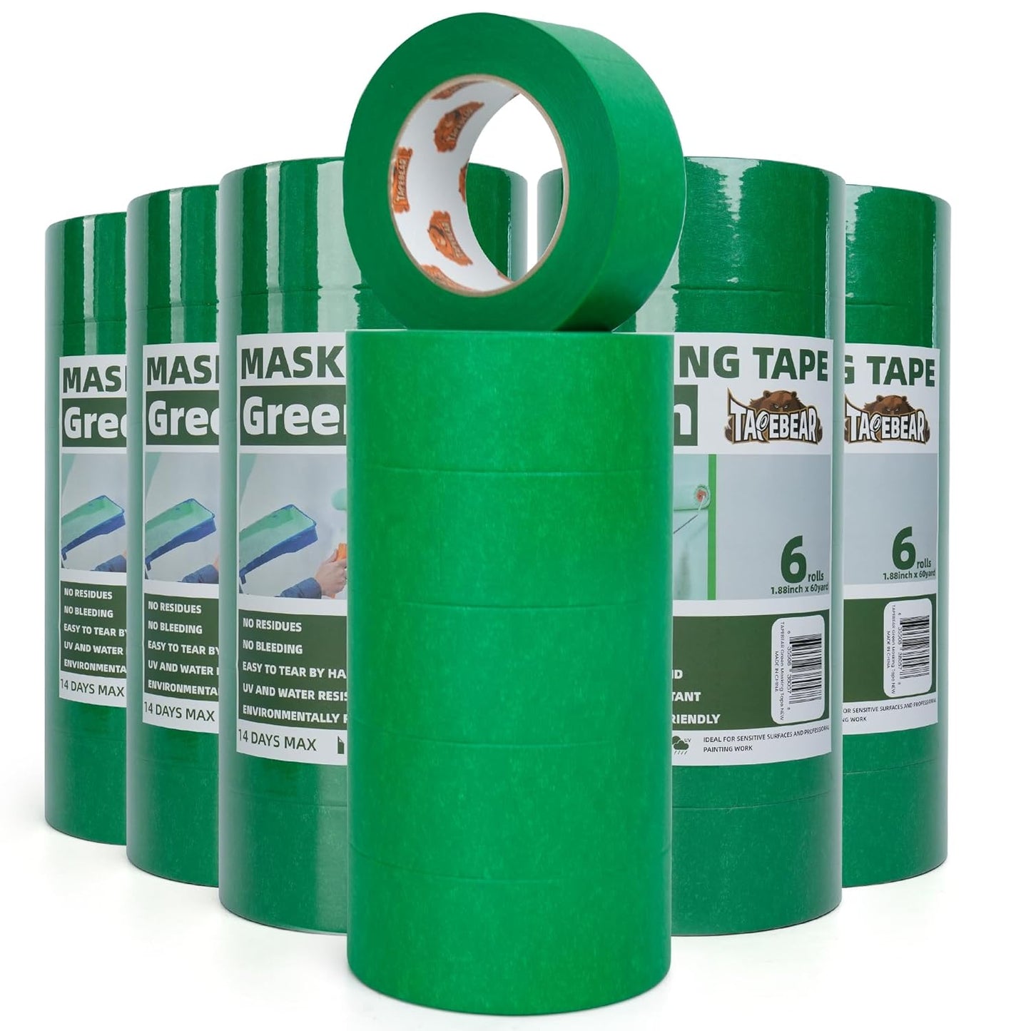 Green Painters Tape Multi-Surface Masking Tape 1.88 inch x 60 Yard, Indoor and Outdoor Painting Tape, Residue Free Easy Removal with Sharp Lines, Paint Tape for Walls, Auto, Home, 36Rolls