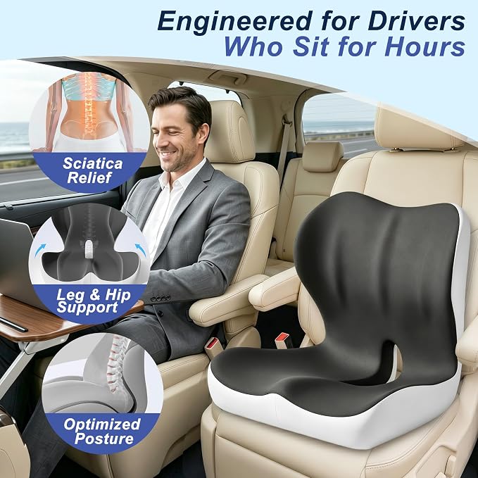 Seat Cushion for Office Chair and Car, Ergonomic Memory Foam Seat Cushion with Lumbar Support Pillow, Orthopedic Cushion for Sciatica & Back Pain, Dark Gray & Light Gray