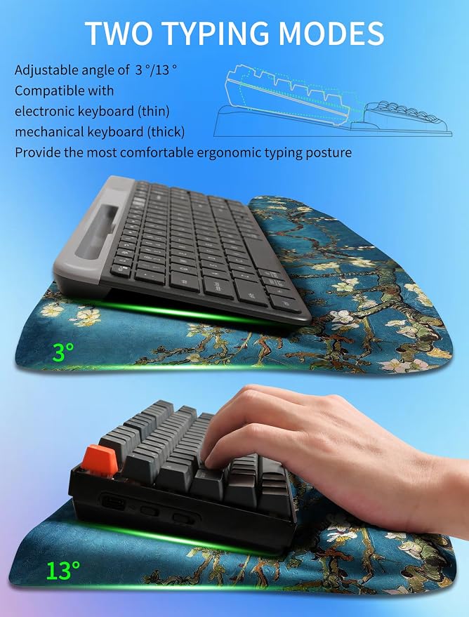 Ergonomic Wave Wrist Rest with Keyboard Stand, Cushioned Palm Rest, Comfortable Integrated Memory Foam for Natural Typing and Relieve Wrist Pain, Van Gogh Apricot Blossom