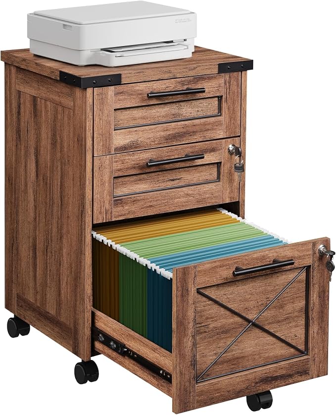 DEVAISE 3 Drawer Under Desk File Cabinet with Lock, Oak | Farmhouse Style, Mobile Drawer Storage Cabinet, Rolling Printer Stand, Fits A4 or Letter-Size, Home Office