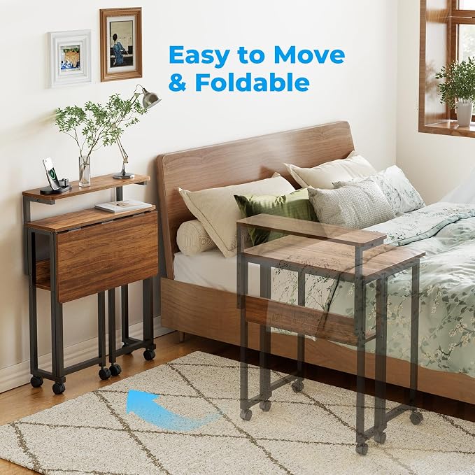 GreenForest Folding Desk with Adjustable Monitor Stand, 24.8 in Small Desk | Storage Shelf, Lockable Wheels, Portable, Space Saving, Mobile Rolling Table for Small Spaces, Home Office, Writing, Walnut
