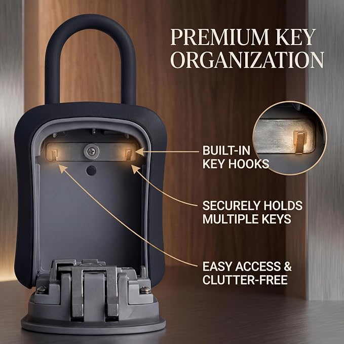 Iron Lock® Medium Key Lock Box with Code, U-Shackle Opens Fully Out (Grey) | Built-in key hooks + catch tray; hangs on handles, gates, fences or a hasp; wall-mountable; dial cover; no batteries