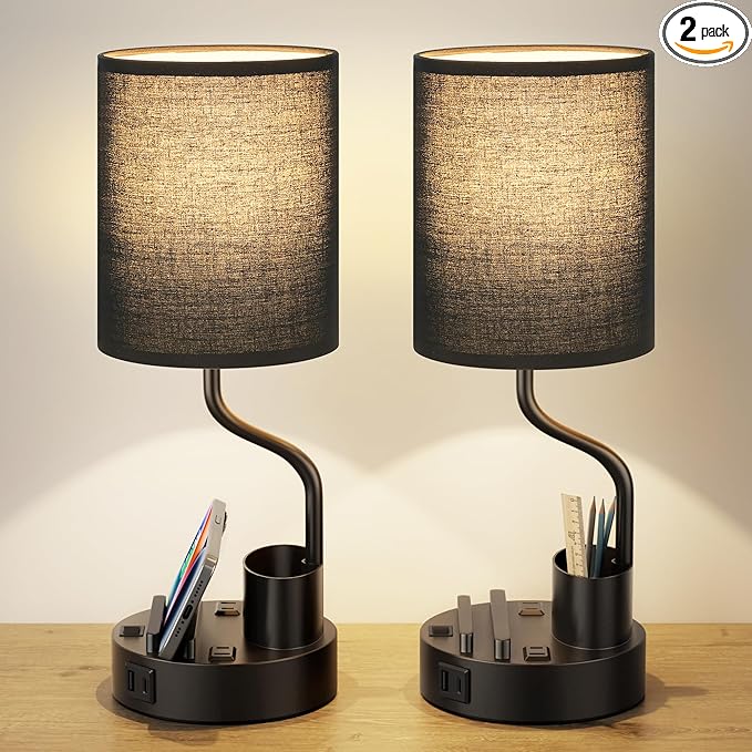 Bedside Lamps for Bedroom Set of 2 - Table Desk Lamp for Nightstand | 15" Table Lamp for Living Room with Pen Holder & Phone Stand, USB A+C Port, AC Outlet, 3 Color Temperature, LED Bulb Included