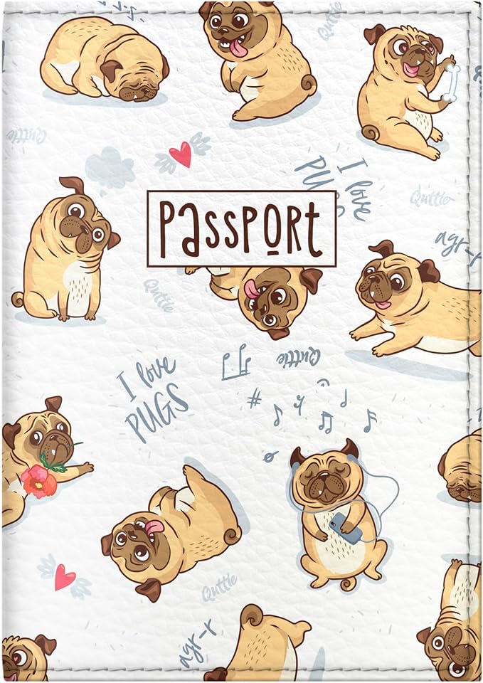 Passport Cover for Kids, Women and Men, Cute Travel Passport Holder (I Love Pugs)