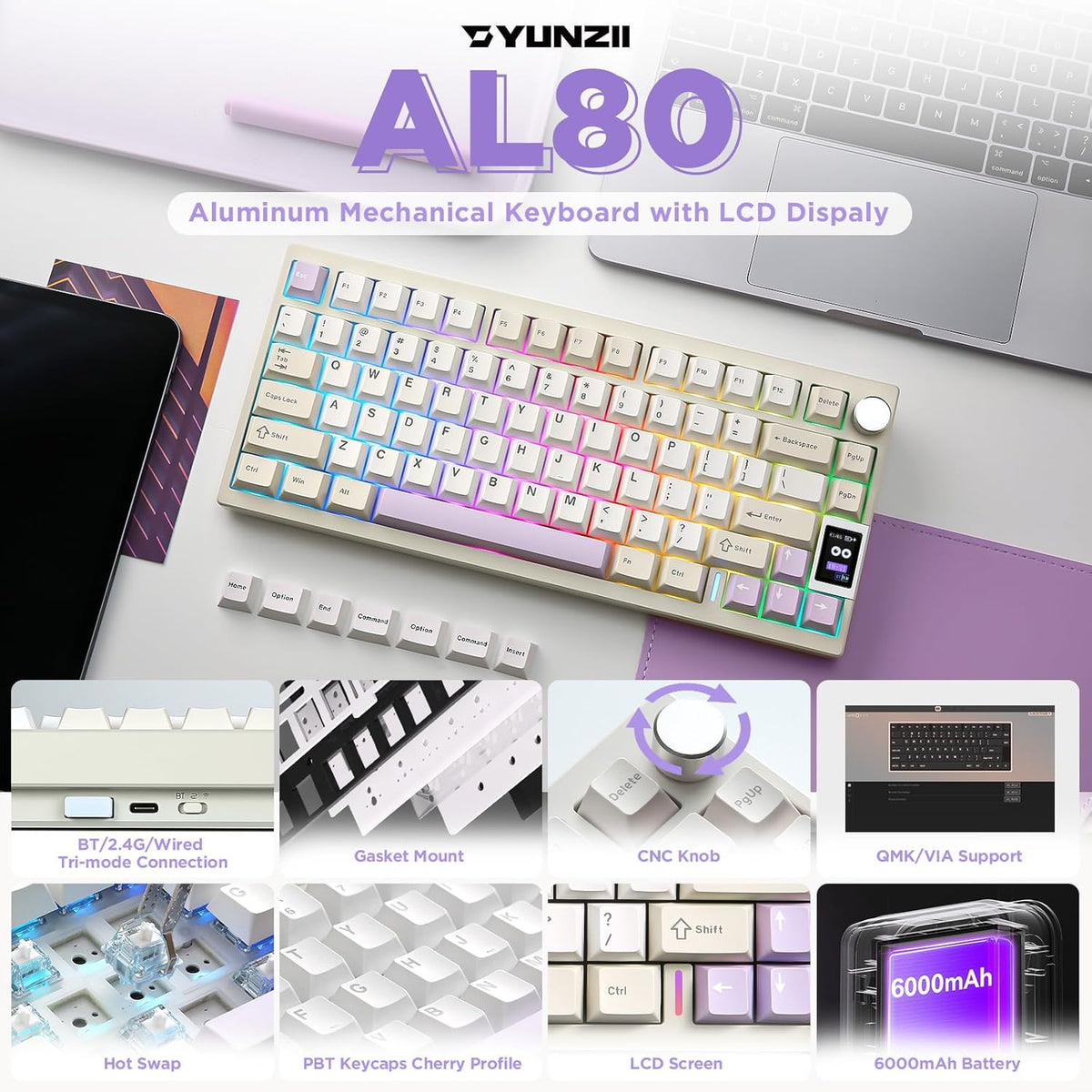YUNZII AL80 Wireless Mechanical Keyboard,Full Aluminum CNC, Smart LCD Display,Hot Swappable Gasket Mount 75% Layout with Knob,BT/2.4G/USB-C,QMK/VIA Support for Win/Mac (Beige, Gateron Zero Switch)