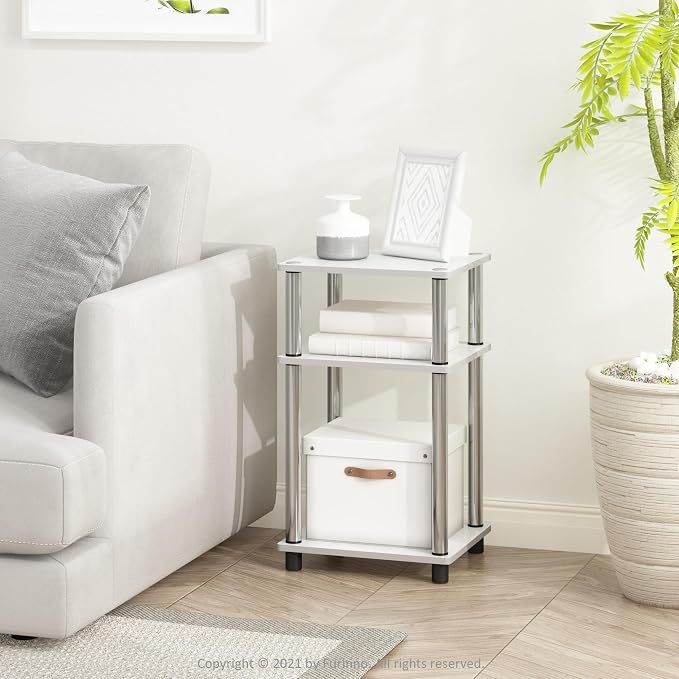 Furinno JUST Side Table Set of 2, 3-Tier Modern End Tables, Toolless Assembly Night Stand, Nightstand, Toolless Assembly, for Living Room, Bedroom, White Oak/Stainless Steel