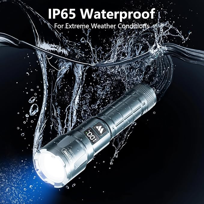 WdtPro Rechargeable Flashlights 2 Pack, Powerful Handheld Flashlight - Grey | LED High Lumens, LCD Battery Display, Zoomable 3 Modes, IP65 Waterproof, Tactical, For Home Emergencies Camping Outdoor