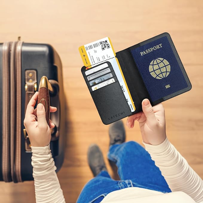 Satechi Passport Holder with Find My Tracking, 4-Slot Card Wallet, Black | 4-slot card wallet, wireless charging, RFID protection, vegan leather