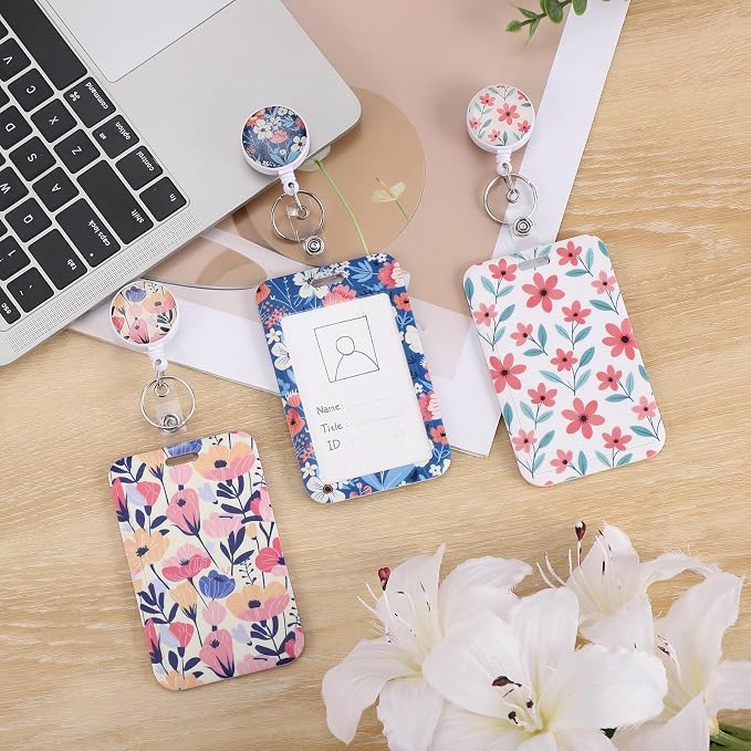 3 Set Flower Badge Holder Retractable Reel ID Badge Holders with Clip Cute Name Badge Holders for Teacher Nurse Doctor Student Office Workers