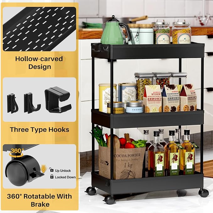 SPACEKEEPER 3 Tier Rolling Cart, Bathroom Cart Organizer with Wheels, Black | Mobile Storage Cart for Laundry Room Organization,Kitchen,Office,Bathroom, Utility Cart for Snack,Craft,Art,Makeup,Nail,Toys
