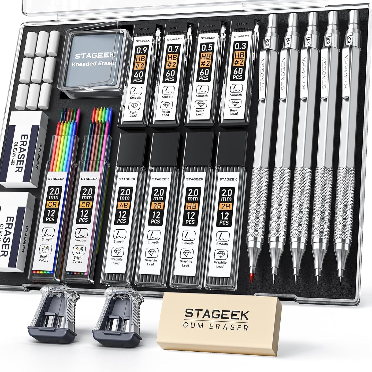 21PCS Metal Mechanical Pencil Set, Art Lead Pencil 0.3, 0.5, 0.7, 0.9, 2mm Holder(HB 2H 2B 4B Color) with 10 Tubes Graphite Lead Refills Eraser with Case for Drafting Drawing Sketching