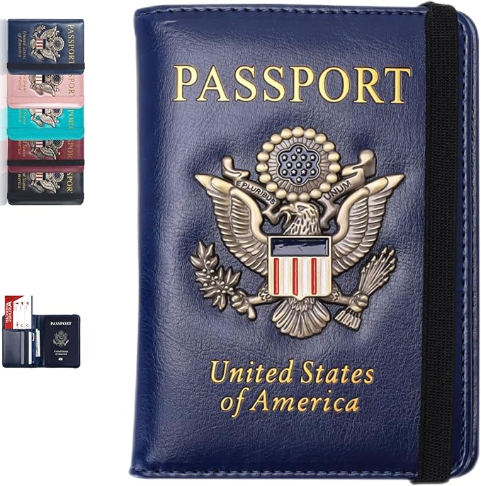 Passport Holder Cover Travel Wallet RFID Blocking Leather Family Passport Organization Personalized Wallet for Men or Women (Blue)