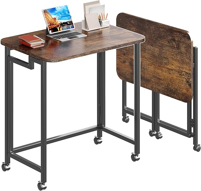 4NM 23.6" Mobile Small Rolling Computer Desk, Folding Laptop Cart Table with Wheels, Portable Office Desk for Small Space Couch Bed - Rustic Brown and Black