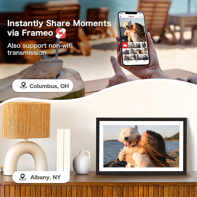 Digital Picture Frame, 15.6 Inch Frameo Digital Frame WiFi, 1920 * 1080 IPS FHD Touchscreen, 32GB, Tabletop&Wall-Mounted, Share Picture Video, Large Electric Photo Frame, Mom Gifts, Black Woodgrain