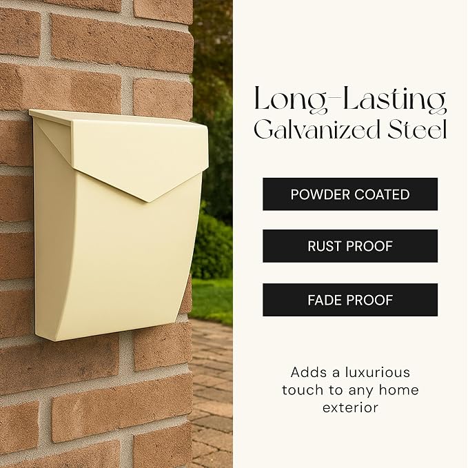 NACH Mailboxes for Outside Wall Mount, 4.8 x 10 x 13 inch Cream Wall Mounted Mailboxes for Outside, Waterpoof Mailbox for House - The Bradley Large Mail Box