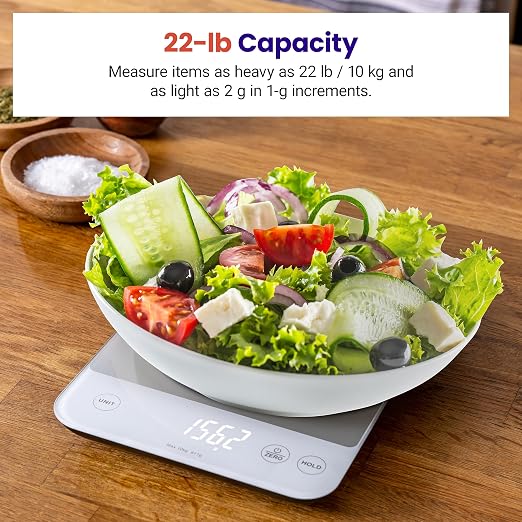 Etekcity 22lb Food Kitchen Scale, USB Rechargeable, IPX6 Waterproof | Digital scale with grams & ounces, 1g precision, 5 weight units, tare, ideal for baking and meal prep, White