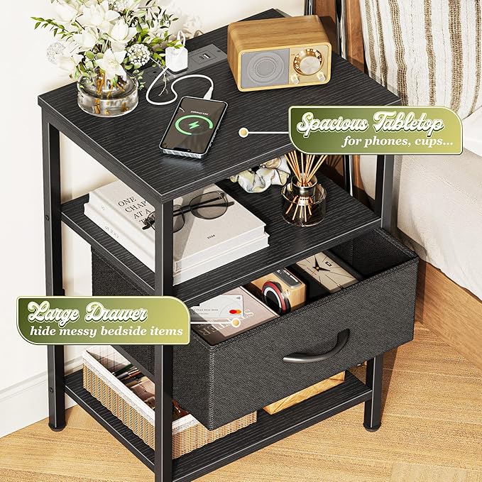 SUPERJARE Nightstand with Charging Station, Bed Side Table with Adjustable Fabric Drawer, Night Stand for Bedroom, 3-Tier Storage End Table, for Living Room, Black | Night Stand for Bedroom, with Adjustable Fabric Drawer, 3-Tier Storage End Table, for ...