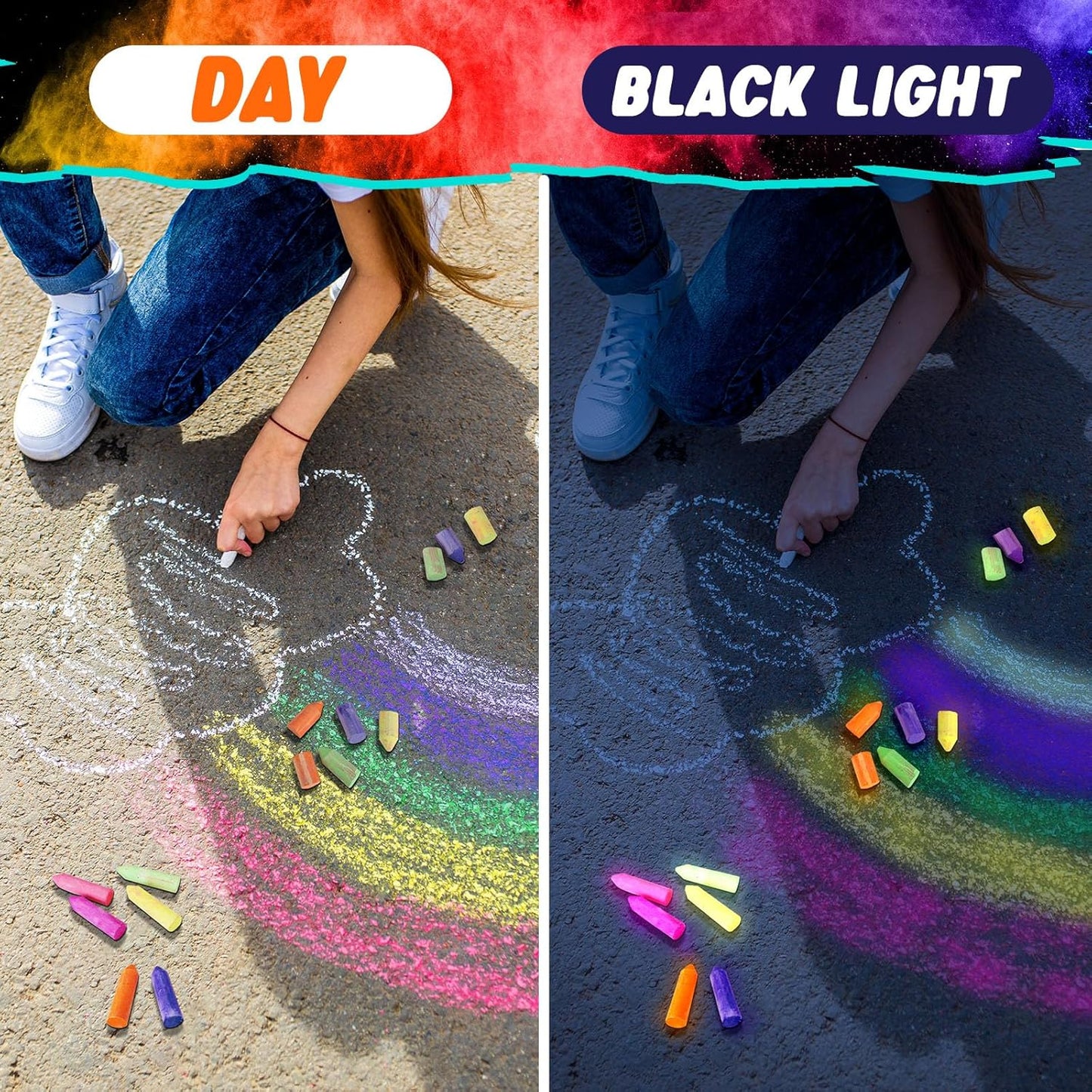 30 Pcs Glow in the Dark Chalk Under Blacklight, 6 Neon Colors Washable Dustless UV Sidewalk Chalk for Black Light Party Playground Chalkboard Birthday Gift and Outdoor Drawing (Crayon)