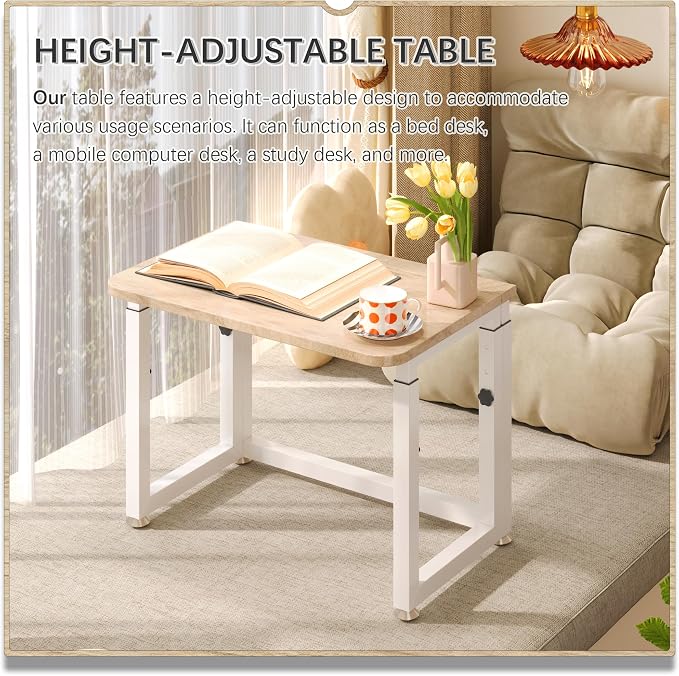 4NM No Tool Assembly 23.6" Small Desk, Folding Portable Desk with Wheels, Adjustable Height Foldable Computer Home Office Desks, Collapsible Study Writing Table for Space Saving Bedroom - Cloud Oak