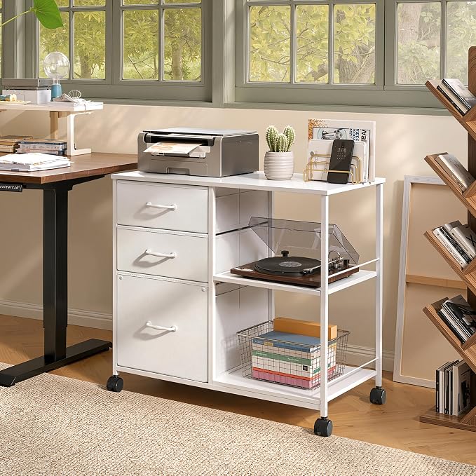 DEVAISE 3 Drawer Mobile File Cabinet with Open Storage Shelf | Rolling Printer Stand, Fabric Lateral Filing Cabinet fits A4 or Letter Size for Home Office, White