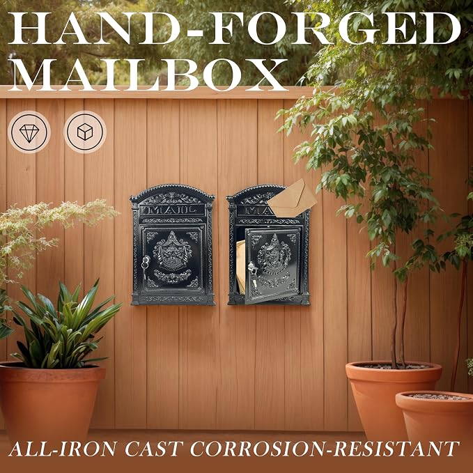 Vintage Mailboxes for Outside – Large Lockable Outdoor Mailbox, Weatherproof Metal Mail Box for Outside House, Cast Aluminum Decorative Mailbox for House, Post Mount for Fence(12.28"x17.51"x3.62")