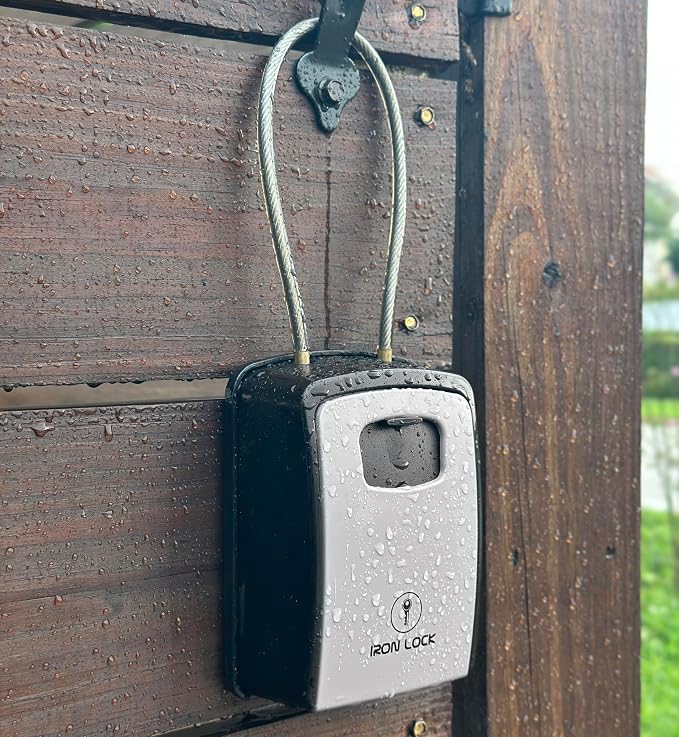 Iron Lock® XXL Portable Key Lock Box, 15in Steel Cable, Code (XXL, Grey) | Holds 20-30 keys + car fobs; unique built-in tray; loops on gate or rail or wall-mounts; resettable code; dial cover