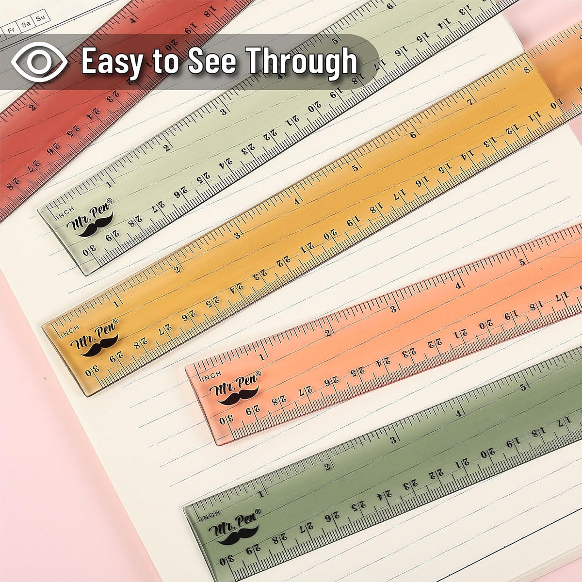 Mr. Pen- Ruler, 12 inch Ruler, 6 Pack, Vintage Colors, Clear Rulers 12 Inch, Rulers for School, Back to School Supplies