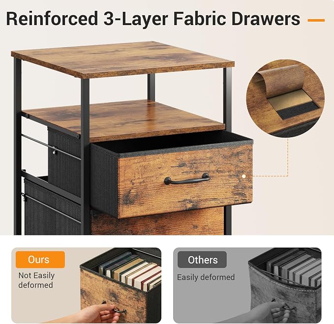 DEVAISE 2 Drawer Mobile File Cabinet with Open Storage Shelf | Rolling Printer Stand, Fabric Vertical Filing Cabinet fits A4 or Letter Size for Home Office, Rustic Brown Wood Grain Print