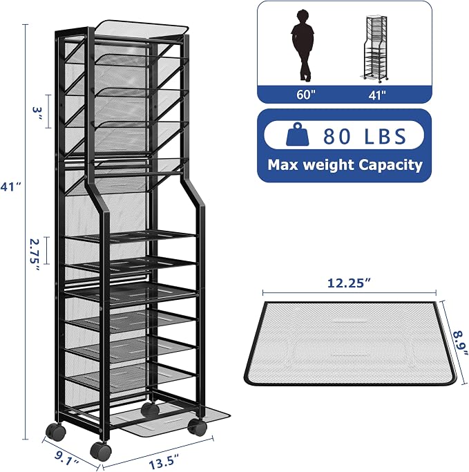 Simple Trending 12 Tier Rolling File Cart, Desk File Organizer with Sliding Trays and Metal Mesh Paper Letter Storage Multi Functional Rolling Clutter Cart for Office, Home, School, Black