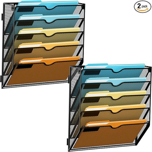 5 Tier Wall File Organizer, Hanging Wall Mounted Mail Organizer with Label Slots, Metal Mesh File Holder Magazine Rack for Office, Home, School or Classroom, Black, 2Pack