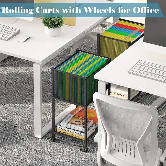 Sbanmao Letter/Legal Rolling File Cart, Narrow Mobile File Cabinet with Wheels Hanging Files, Metal Hanging File Folder Cart File Organizer Under Desk Storage for Home Office, Black