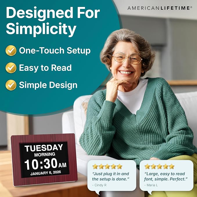 American Lifetime 【New 2023】 Dementia Clock Large Digital Clock for Seniors, Digital Clock Large Display with Custom Alarms, Clock with Day & Date for Elderly, Large Number Digital Clock Mahogany