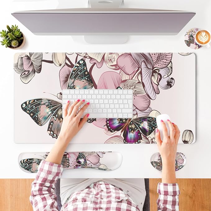 QIYI PU Leather Desk Mat Set, 4-in-1 Ergonomic Wrist Rest, Butterflies | Waterproof Large Mouse Pad 31.5×15.7 + Keyboard Wrist Rest + Mouse Wrist Support+Coaster, Non-Slip Office Gaming Accessories
