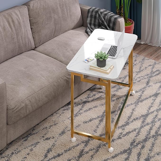 4NM 31.5" Mobile Small Rolling Computer Desk, Folding Laptop Cart Table with Wheels, Portable Office Desk for Small Space Couch Bed - White and Golden