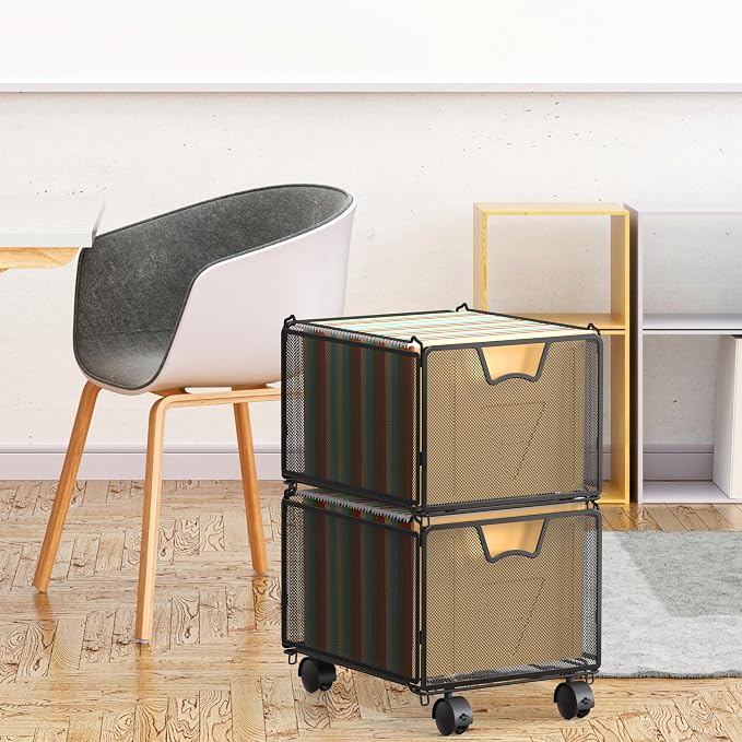 Simple Houseware Stackable Mesh Hanging Rolling File Cart, Black | File Folder Organizer with Lockable Wheels